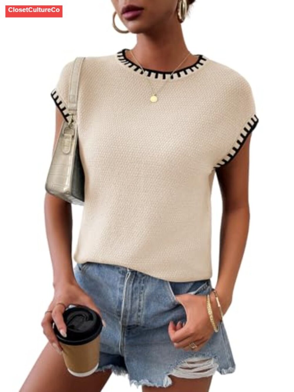 Cap Sleeve Knit Sweater Vest Crew Neck Loose Fit Tank Top Women Sleeveless